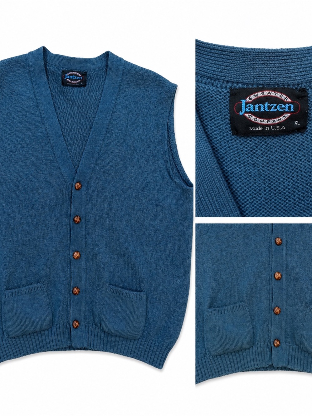 Vintage XL Jantzen "The Sweater Company" Blue Button Front Vest - Made in USA